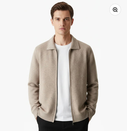 EXTRA-FINE MERINO WOOL ZIP POLO CARDIGAN