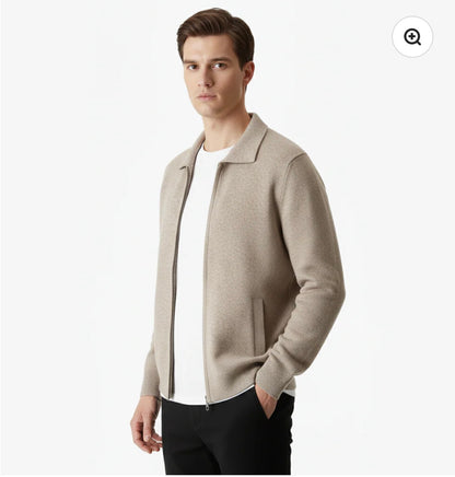 EXTRA-FINE MERINO WOOL ZIP POLO CARDIGAN