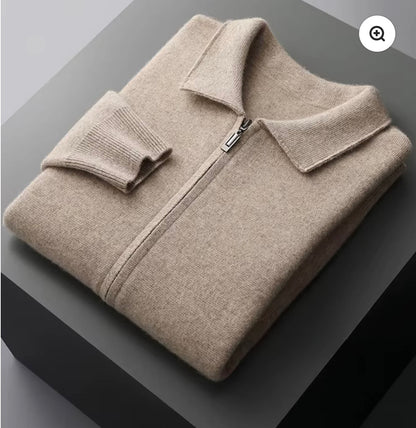 EXTRA-FINE MERINO WOOL ZIP POLO CARDIGAN