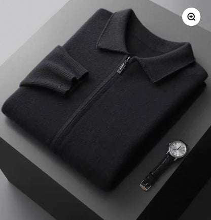 EXTRA-FINE MERINO WOOL ZIP POLO CARDIGAN
